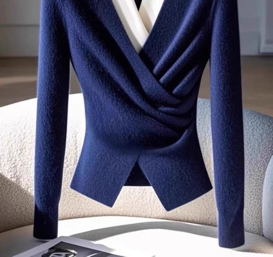Coralia | Damen-Pullover mit V-Ausschnitt und blauem Wickeldesign – Bequemer Strickpullover mit langen Ärmeln