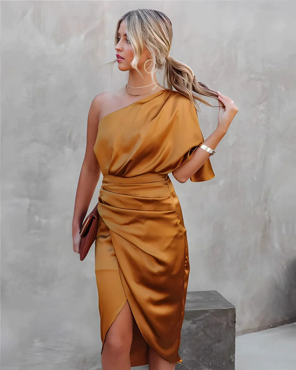 Zeviya | Damesjurk met één schouder – Elegante satijnen midi-avondjurk