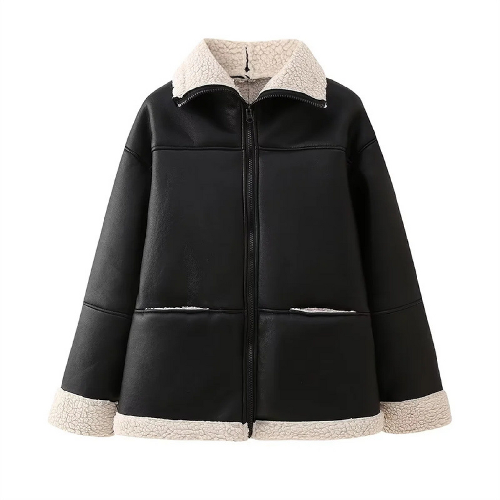 Delyraella | Veste en cuir oversize pour femme – Manteau d'hiver chaud doublé polaire, vêtement d'extérieur chic et décontracté