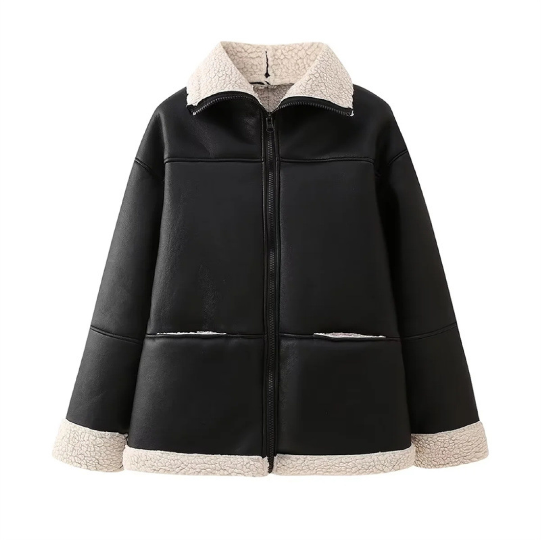 Delyraella | Veste en cuir oversize pour femme – Manteau d'hiver chaud doublé polaire, vêtement d'extérieur chic et décontracté