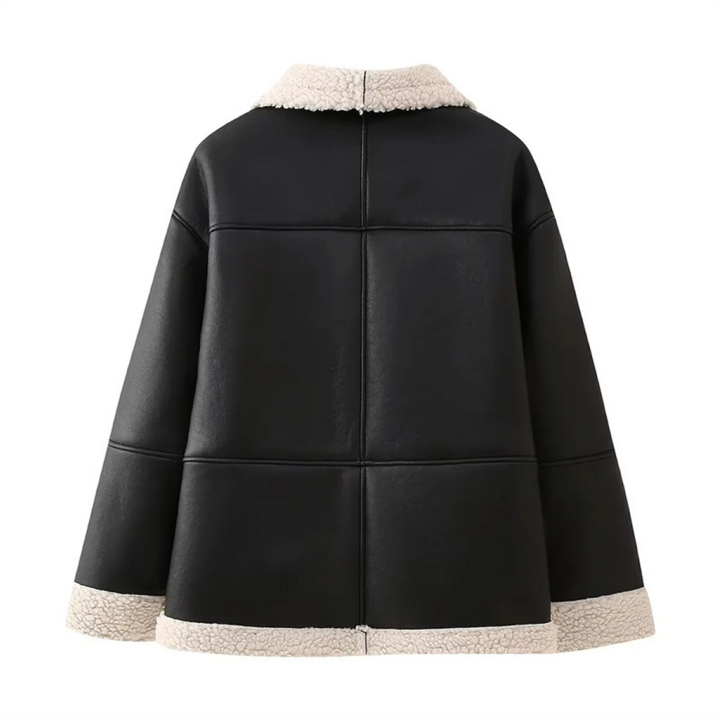 Delyraella | Veste en cuir oversize pour femme – Manteau d'hiver chaud doublé polaire, vêtement d'extérieur chic et décontracté