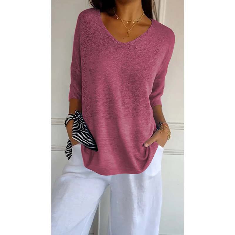 Ulvella | Luchtige gebreide blouse met V-hals voor dames – Lichtgewicht casual blouse met halflange mouwen