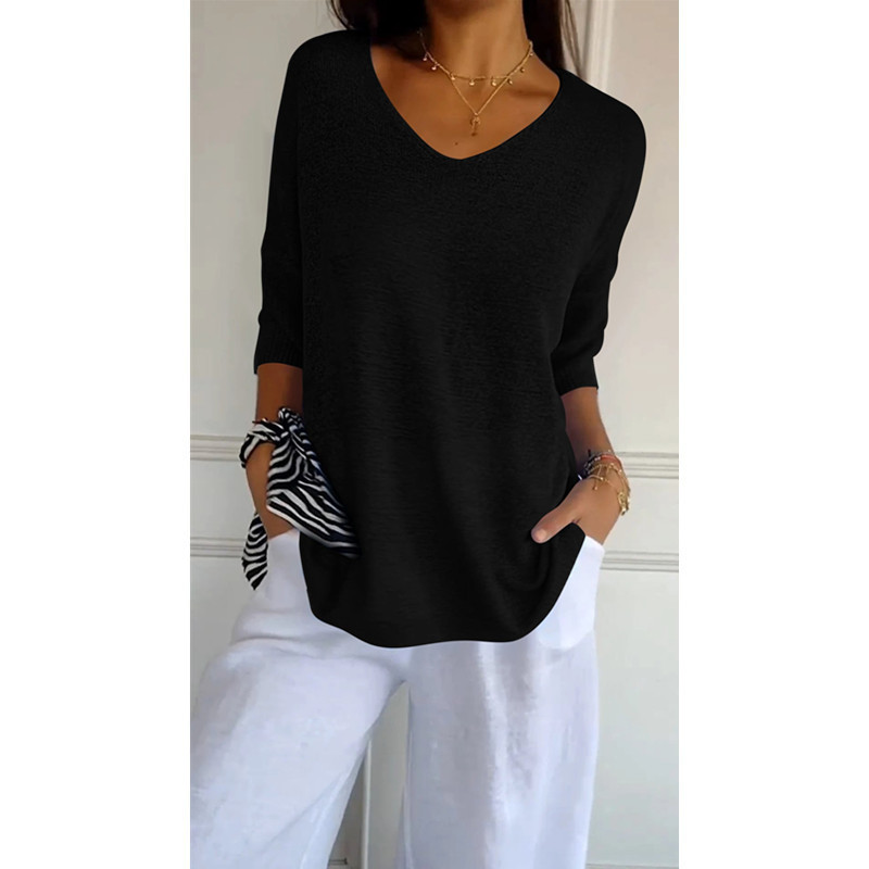 Ulvella | Luchtige gebreide blouse met V-hals voor dames – Lichtgewicht casual blouse met halflange mouwen