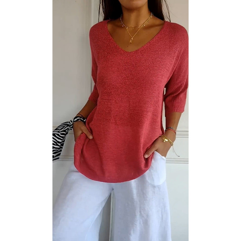 Ulvella | Luchtige gebreide blouse met V-hals voor dames – Lichtgewicht casual blouse met halflange mouwen