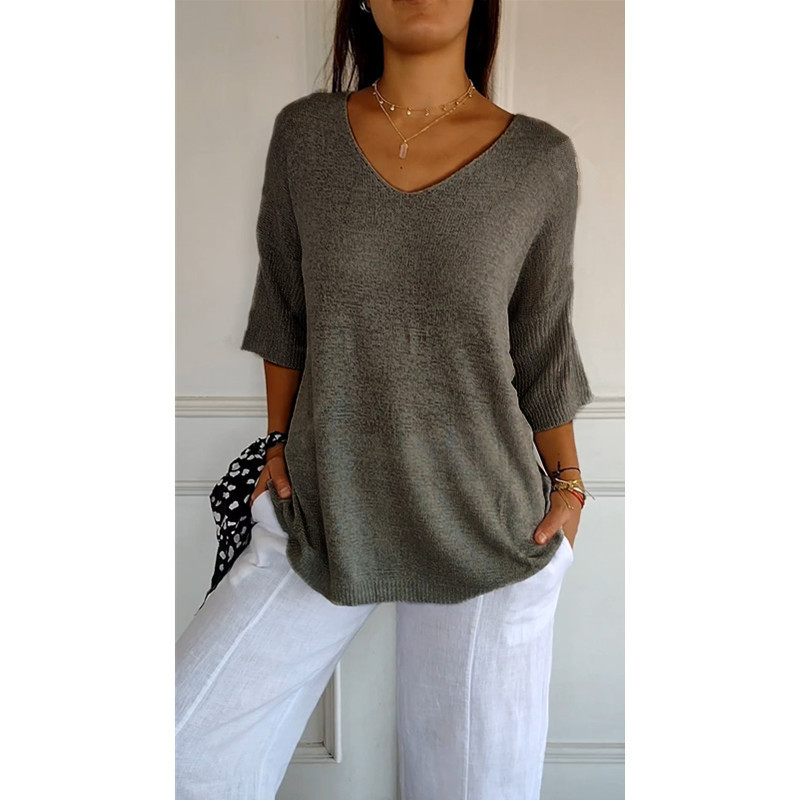 Ulvella | Luchtige gebreide blouse met V-hals voor dames – Lichtgewicht casual blouse met halflange mouwen