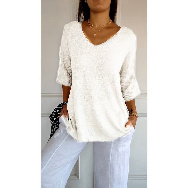 Ulvella | Luchtige gebreide blouse met V-hals voor dames – Lichtgewicht casual blouse met halflange mouwen