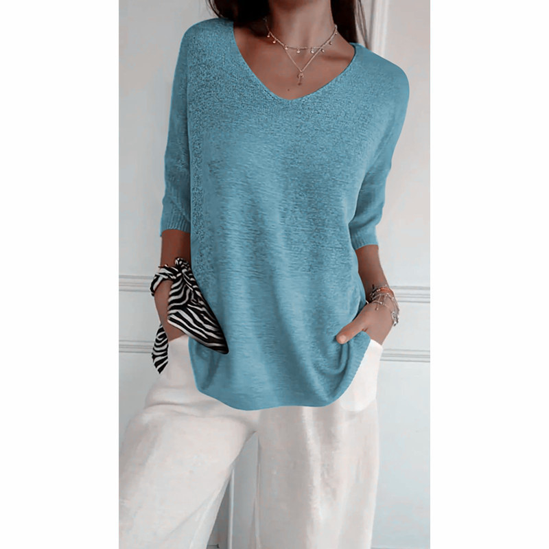 Ulvella | Luchtige gebreide blouse met V-hals voor dames – Lichtgewicht casual blouse met halflange mouwen