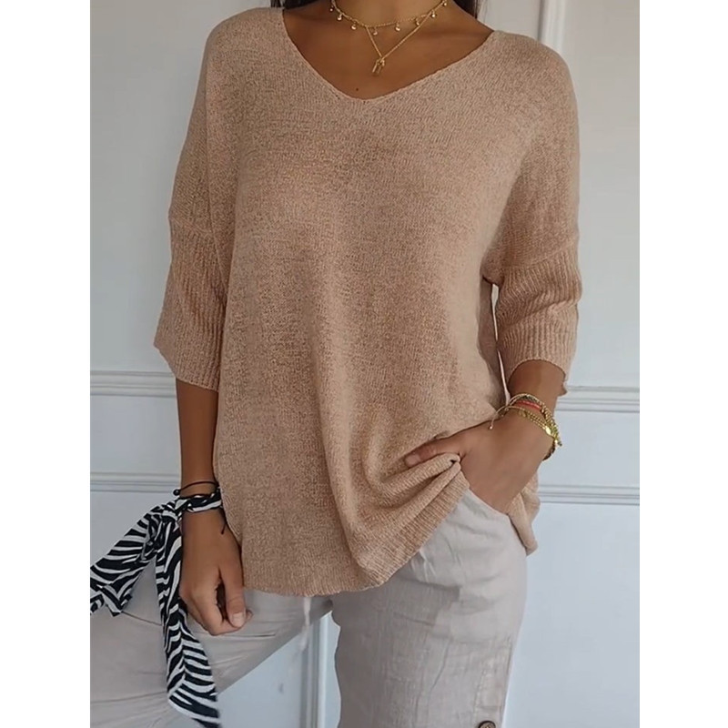 Ulvella | Luchtige gebreide blouse met V-hals voor dames – Lichtgewicht casual blouse met halflange mouwen