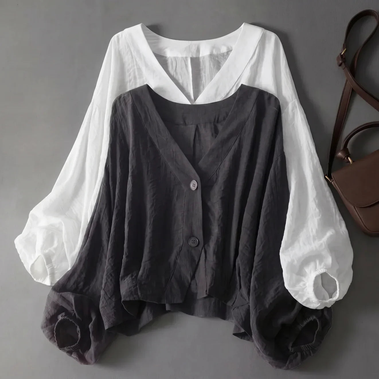 Azelia | Dames Blouse van Linnenmix – Luchtige Top met Lange Mouwen en Ballonmouwen