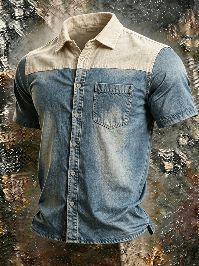 Kylon | Heren Twee-Tinten Denim Overhemd – Korte Mouwen, Overhemd met Knopen, Casual Zomer Jeans Shirt