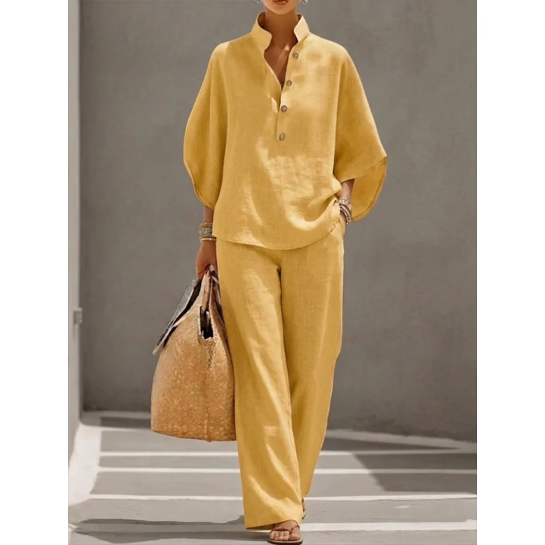 Elsinthia | Ontspannen zomerset voor dames – 2-delige outfit met blouse met knopen en wijdvallende broek