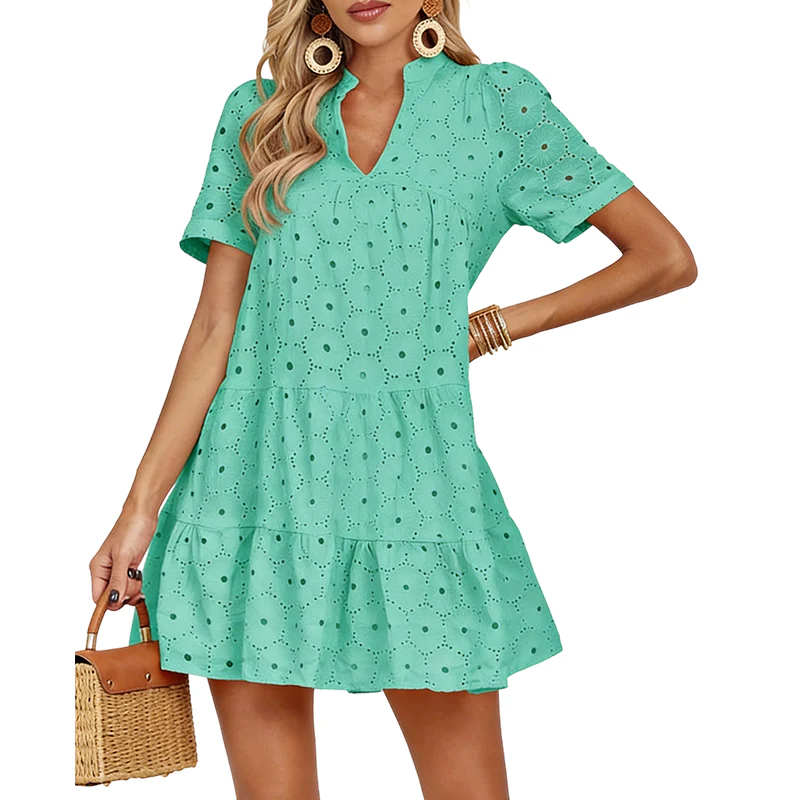 Talora | Korte Zomerjurk met Broderie – Gelaagde Boho Mini Jurk, Luchtig en Lichtgewicht