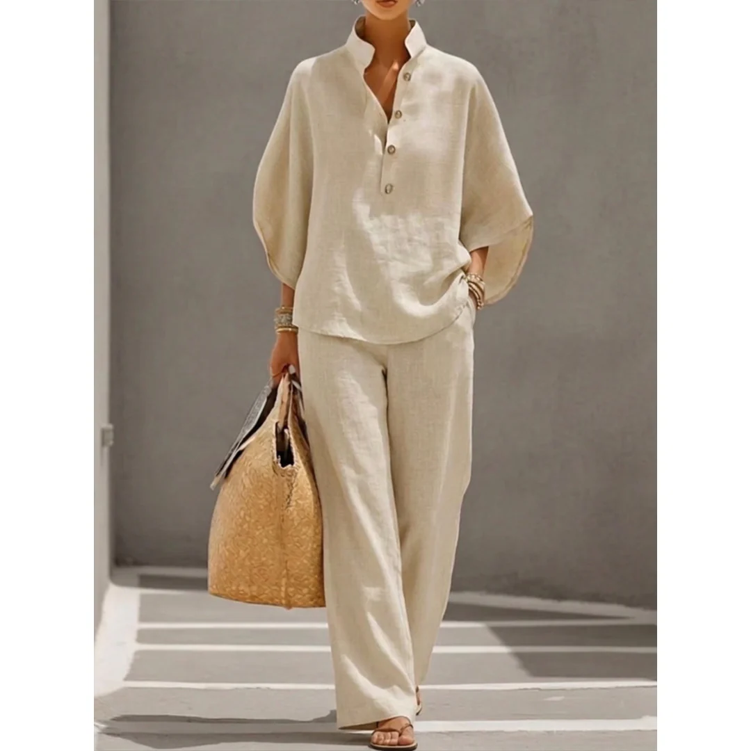 Elsinthia | Ontspannen zomerset voor dames – 2-delige outfit met blouse met knopen en wijdvallende broek