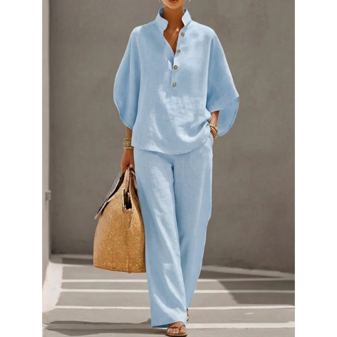 Elsinthia | Ontspannen zomerset voor dames – 2-delige outfit met blouse met knopen en wijdvallende broek