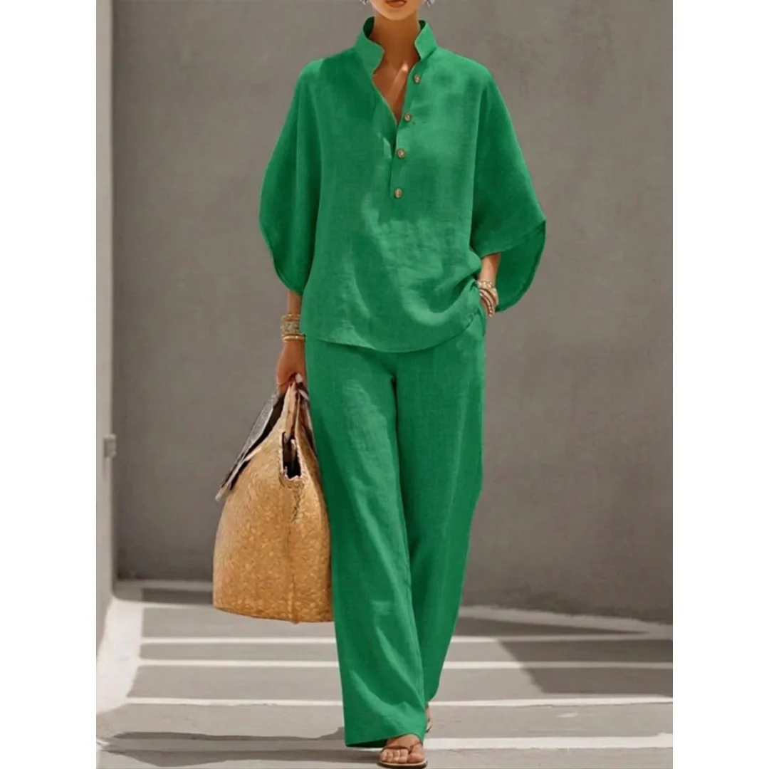 Elsinthia | Ontspannen zomerset voor dames – 2-delige outfit met blouse met knopen en wijdvallende broek