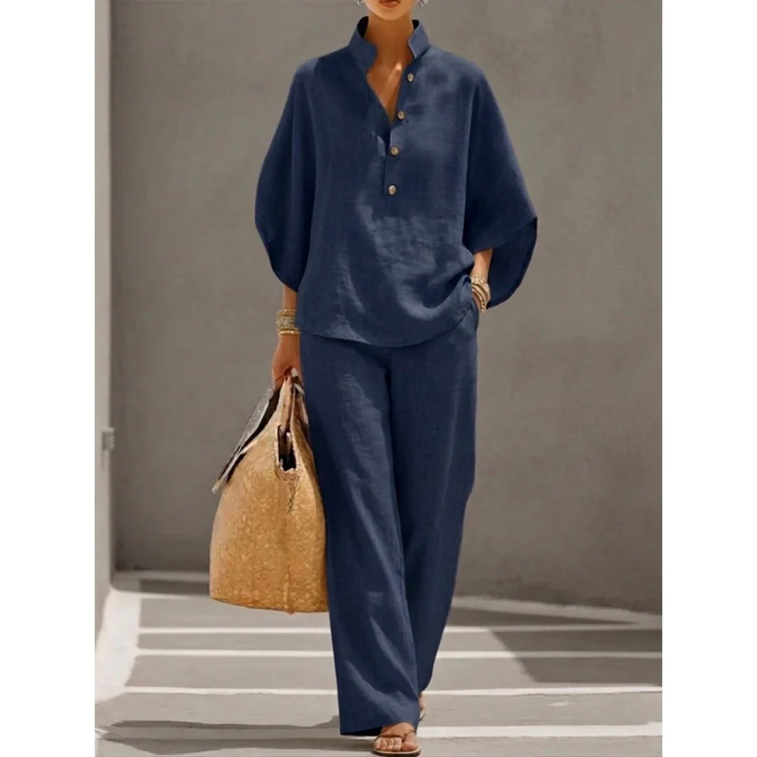 Elsinthia | Ontspannen zomerset voor dames – 2-delige outfit met blouse met knopen en wijdvallende broek