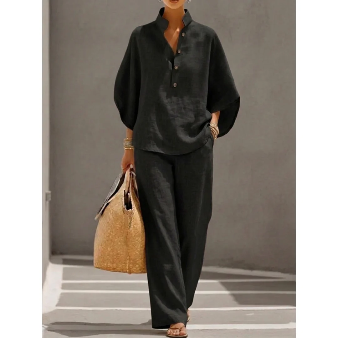 Elsinthia | Ontspannen zomerset voor dames – 2-delige outfit met blouse met knopen en wijdvallende broek