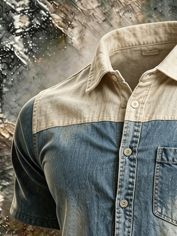 Kylon | Heren Twee-Tinten Denim Overhemd – Korte Mouwen, Overhemd met Knopen, Casual Zomer Jeans Shirt