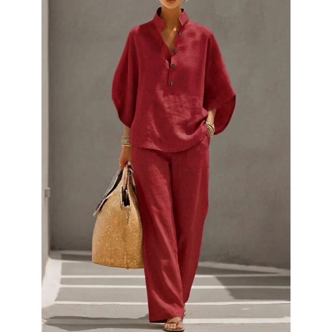 Elsinthia | Ontspannen zomerset voor dames – 2-delige outfit met blouse met knopen en wijdvallende broek