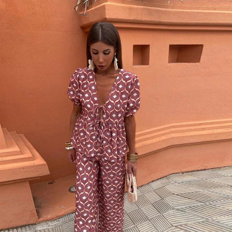 Xeryn | Tweedelige set met print voor dames – Blouse met strik aan de voorkant