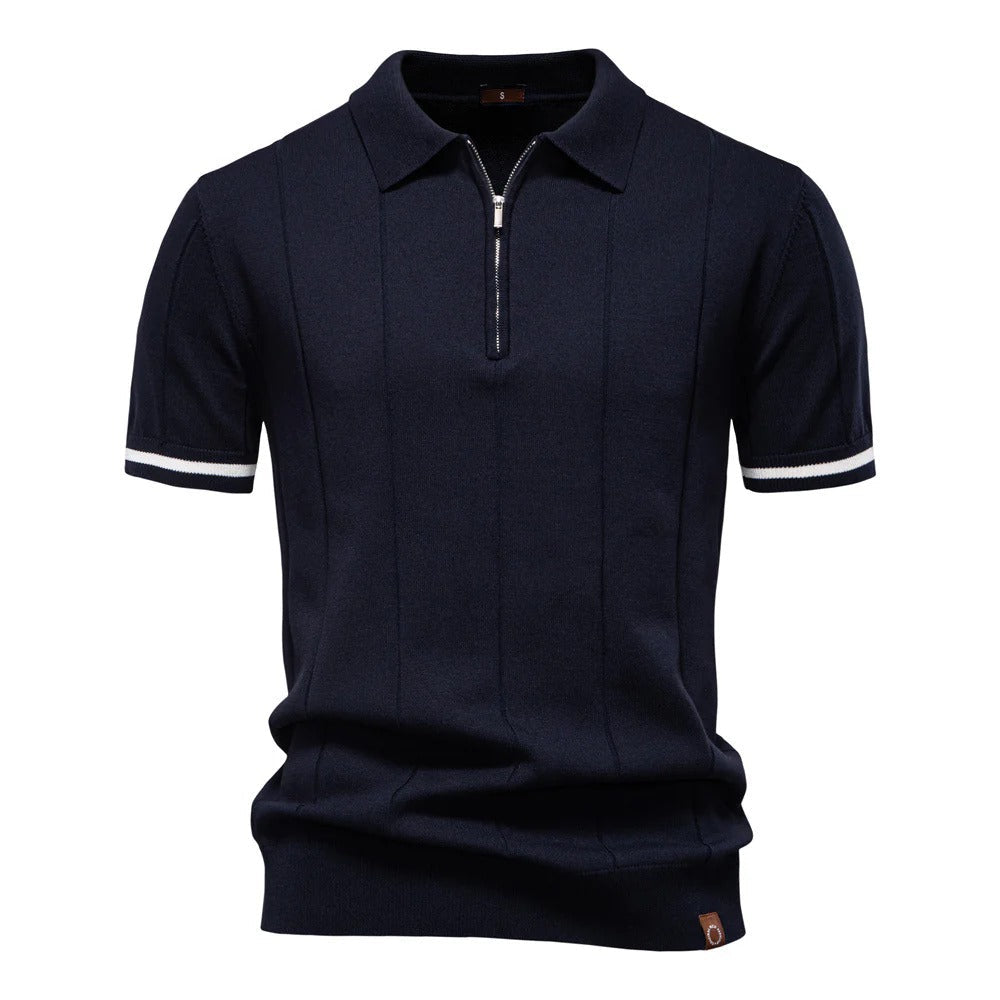 Daevor | Heren Ribgebreid Polo Shirt met Korte Mouwen en Kwartrits – Casual Business Polo Top