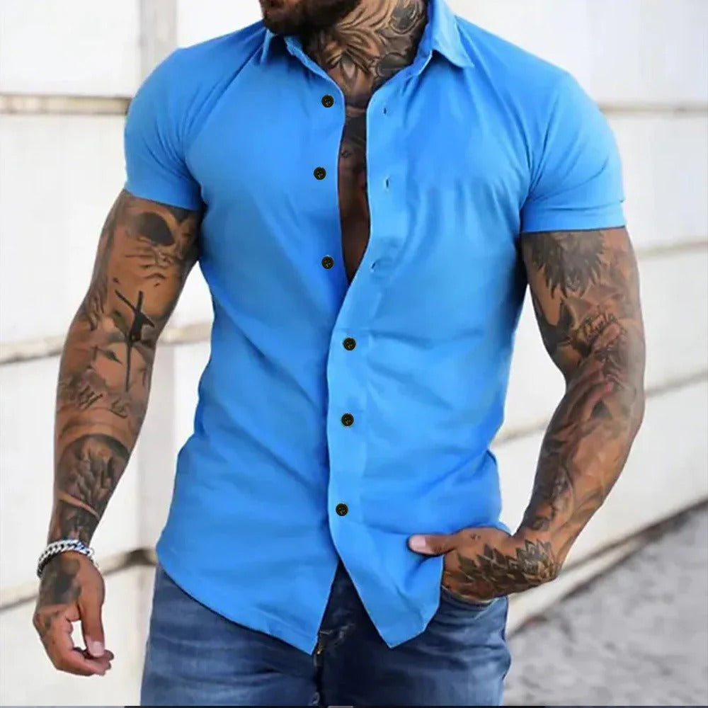 Ryvian | Getailleerd herenoverhemd met korte mouwen – Casual overhemd met knopen en slank model