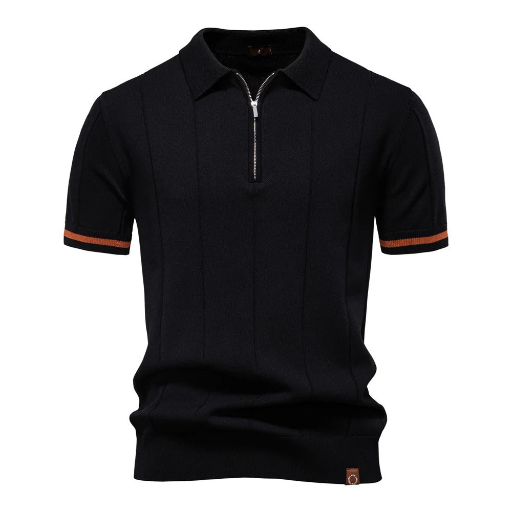 Daevor | Heren Ribgebreid Polo Shirt met Korte Mouwen en Kwartrits – Casual Business Polo Top