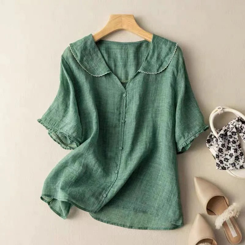 Valvra | Dames Blouse met Korte Mouwen en Peter Pan-kraag – Lichtgewicht Casual Zomertop