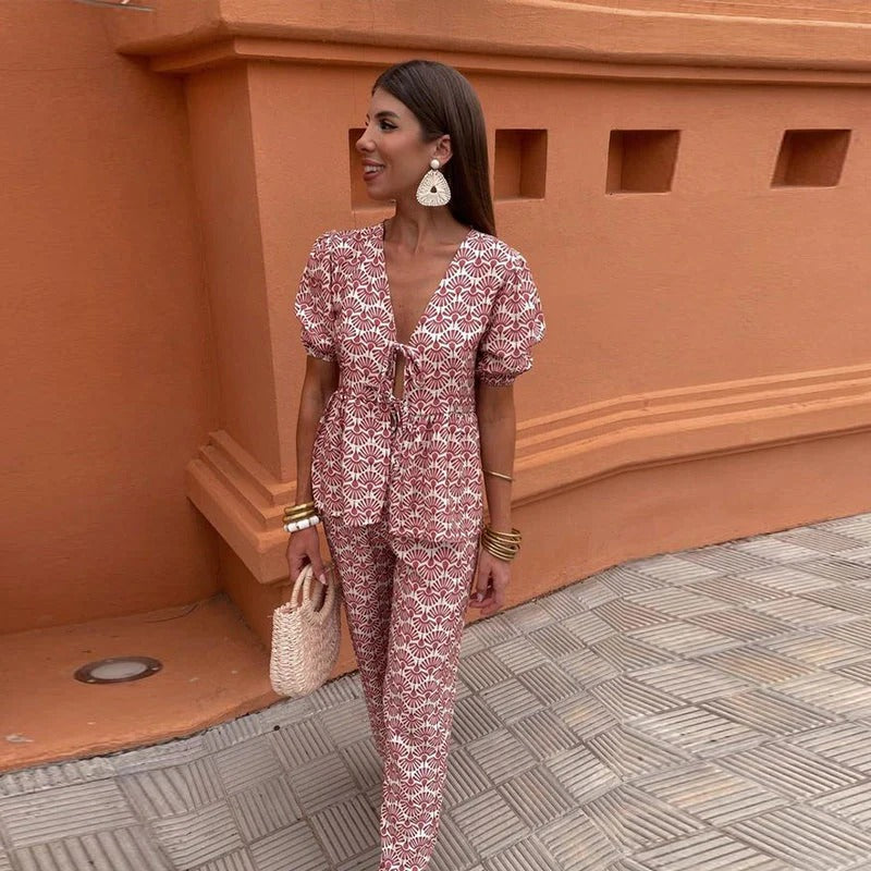 Xeryn | Tweedelige set met print voor dames – Blouse met strik aan de voorkant