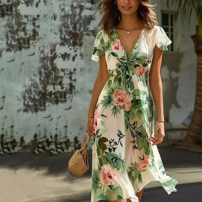Uunira | Midi-jurk met bloemenprint voor dames – Luchtige A-lijn zomerjurk