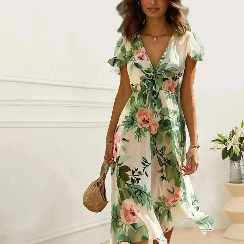 Orlina | Dames Casual Midi Jurk – Losvallende Jurk met Bloemenprint, Perfect voor de Zomer