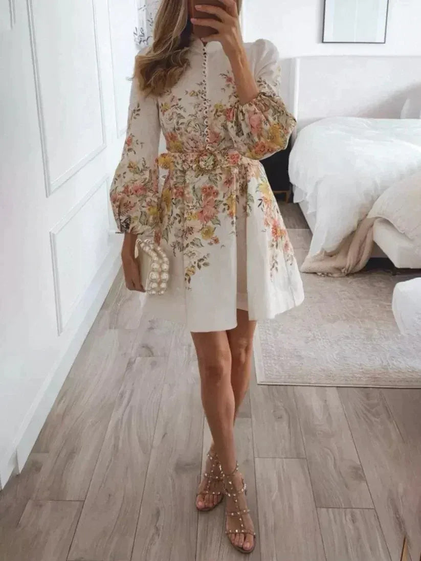 Elvessae | Dames Mini Jurk met Bloemenprint – Lange Mouwen en V-Hals