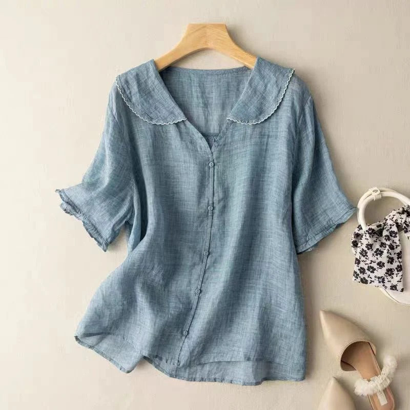 Valvra | Dames Blouse met Korte Mouwen en Peter Pan-kraag – Lichtgewicht Casual Zomertop