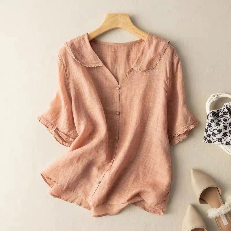 Valvra | Dames Blouse met Korte Mouwen en Peter Pan-kraag – Lichtgewicht Casual Zomertop