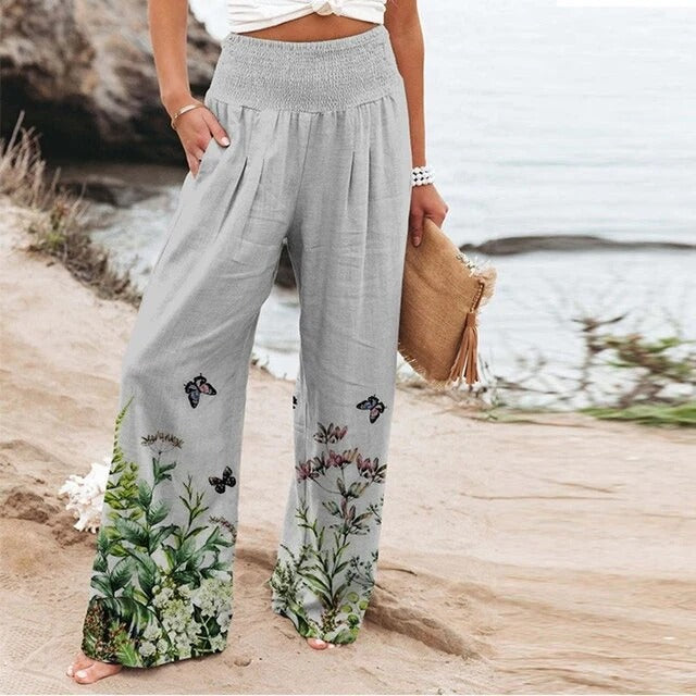 Kynira | Dames High-Waist Gesmokte Wijde Broek met Grafische Print