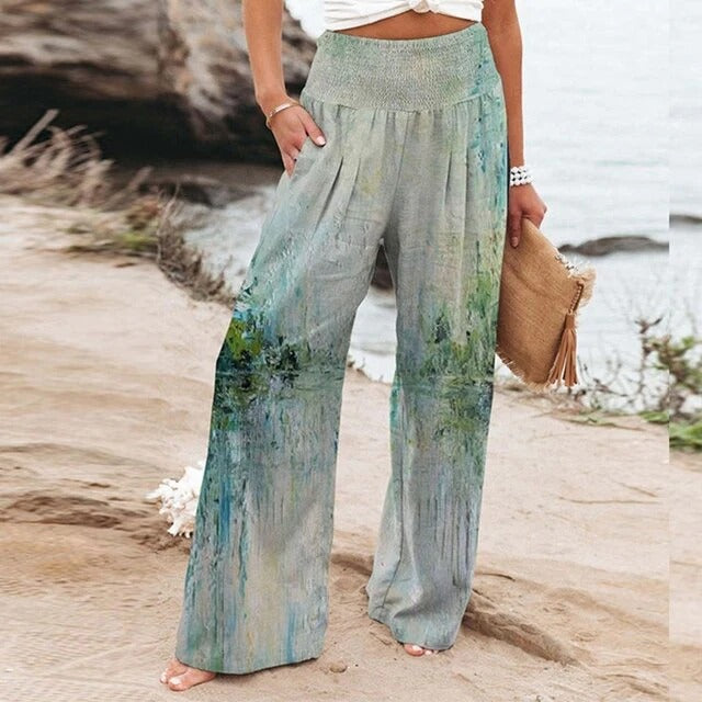 Kynira | Dames High-Waist Gesmokte Wijde Broek met Grafische Print