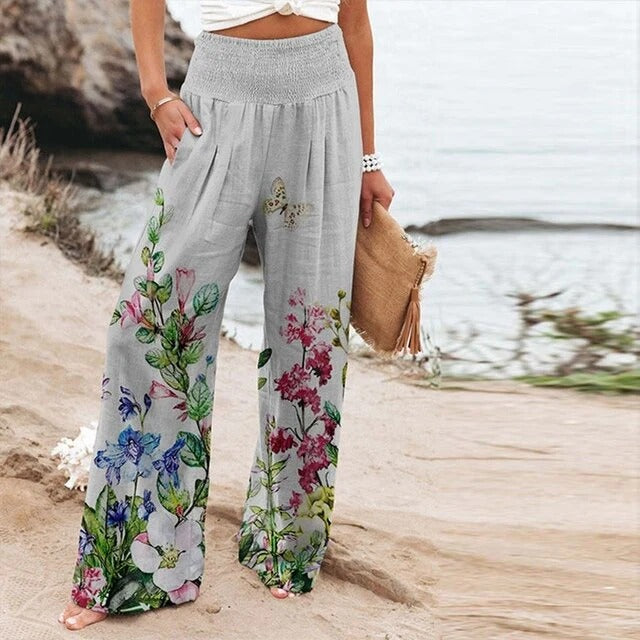 Kynira | Dames High-Waist Gesmokte Wijde Broek met Grafische Print