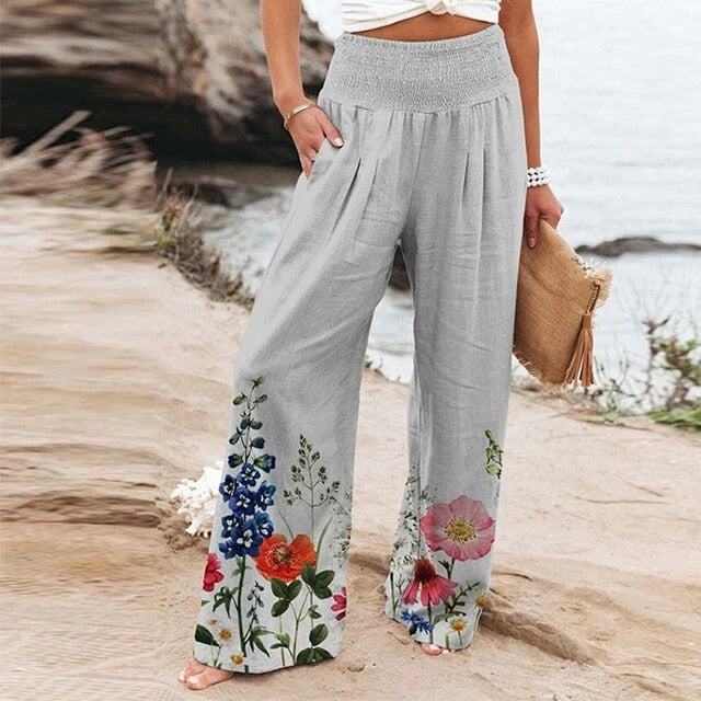 Kynira | Dames High-Waist Gesmokte Wijde Broek met Grafische Print