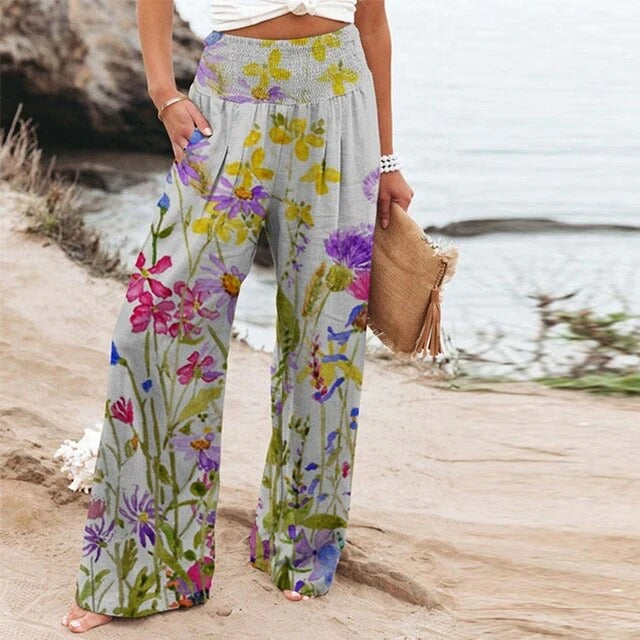 Kynira | Dames High-Waist Gesmokte Wijde Broek met Grafische Print