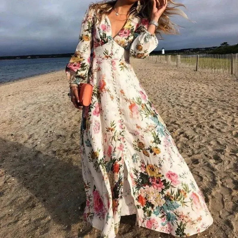 Orissa | Maxijurk met bloemenprint en V-hals voor dames – zwierige, bohemienachtige lange jurk