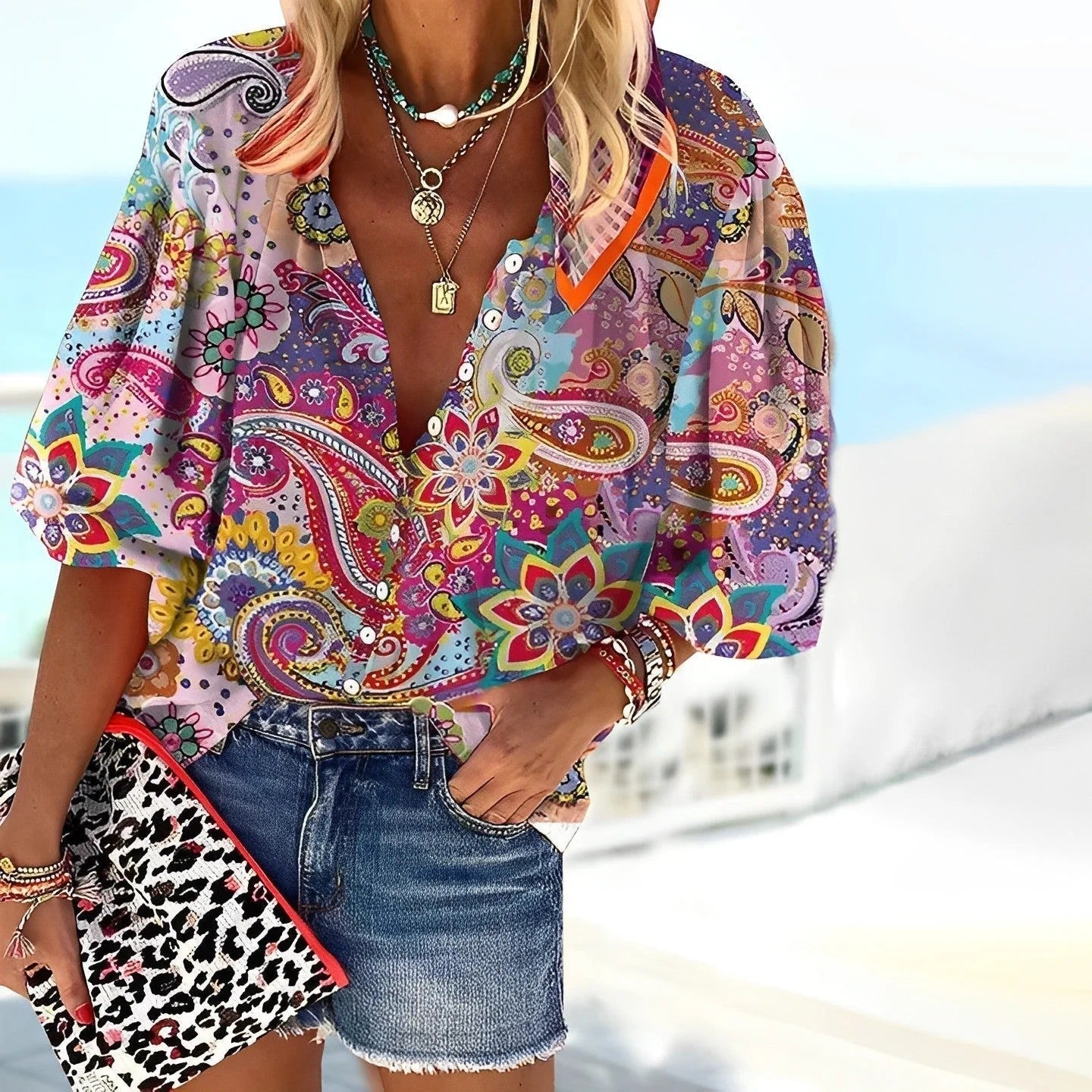 Jivara | Dames Blouse met Paisleyprint – Pofmouwen, V-Hals, Lichtgewicht Casual Top