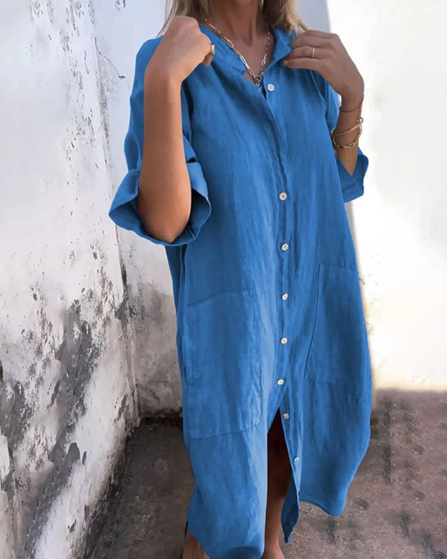 Alvianne | Dames Midi Overhemdjurk – Casual Jurk met Knopen en Zakjes, Lichtgewicht Katoenmix