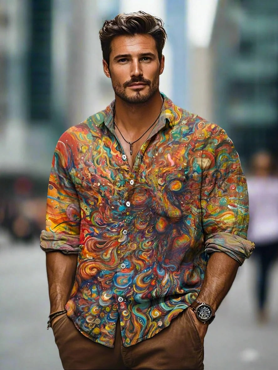 Elvionor | Abstracte Print Polo voor Heren – Casual Polo met Lange Mouwen en Knopen