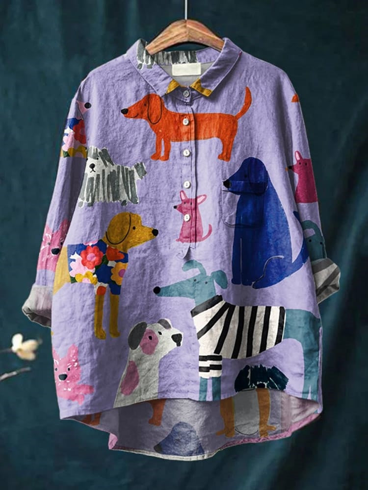 Elza | Oversized Damesshirt met Hondenkunst print - Lange Mouw Katoenen Casual Blouse