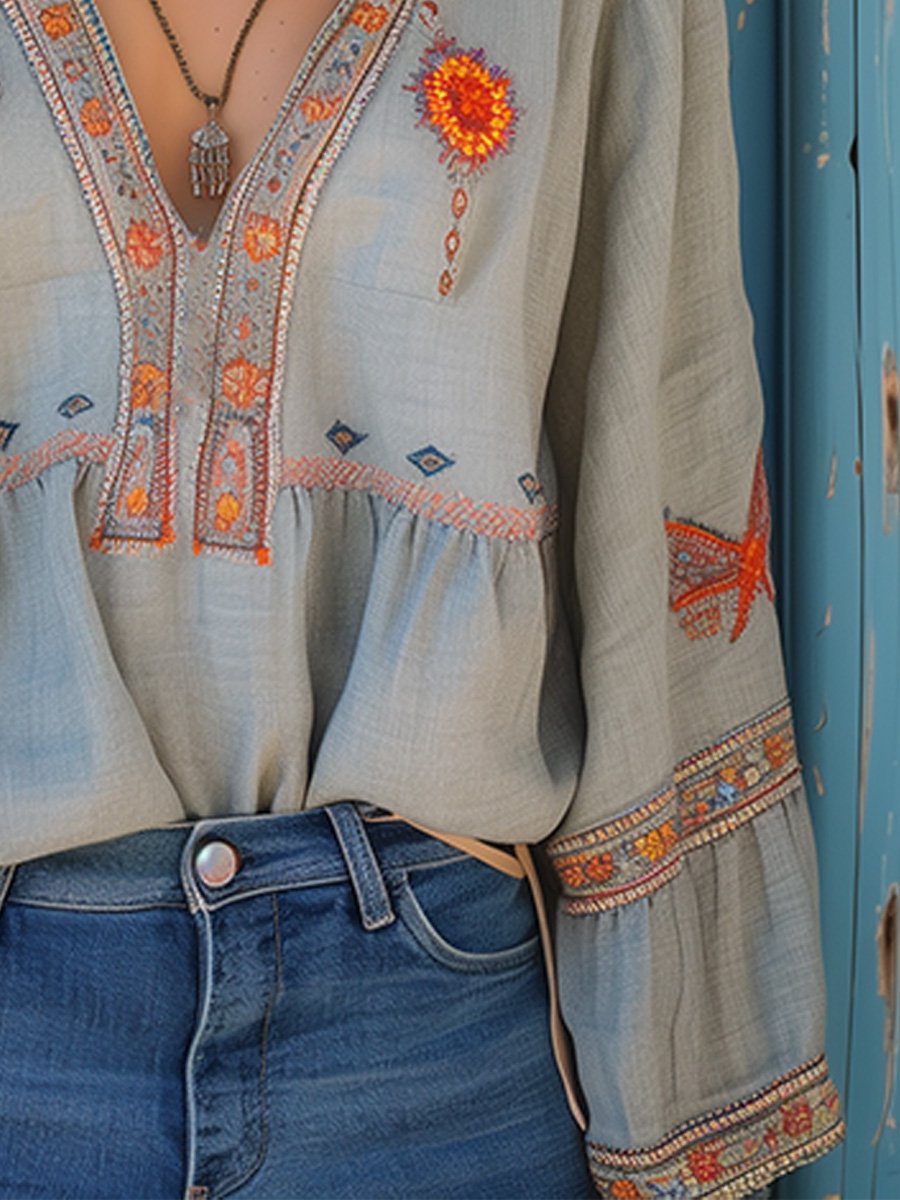 Lumira | Damesblouse met handgemaakt borduurwerk – V-hals in boho-stijl