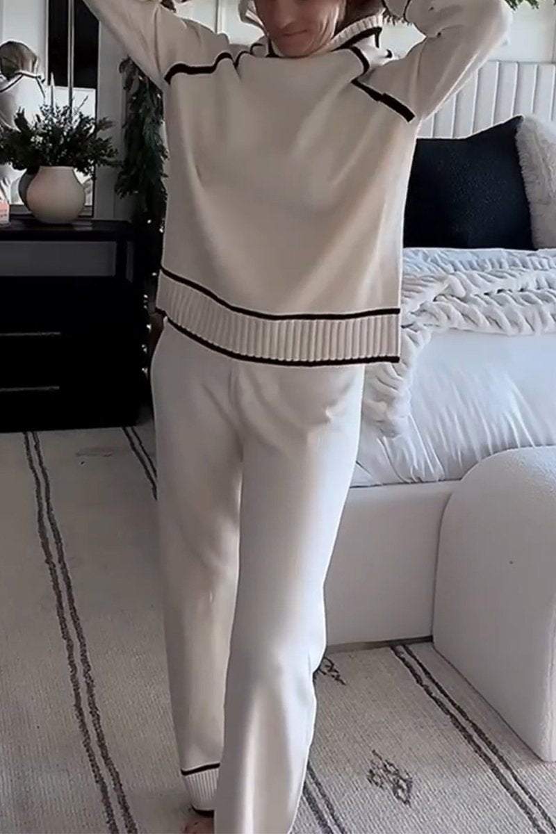 Larise | Dames gebreide tweedelige set – trui met ronde hals en wijde broek