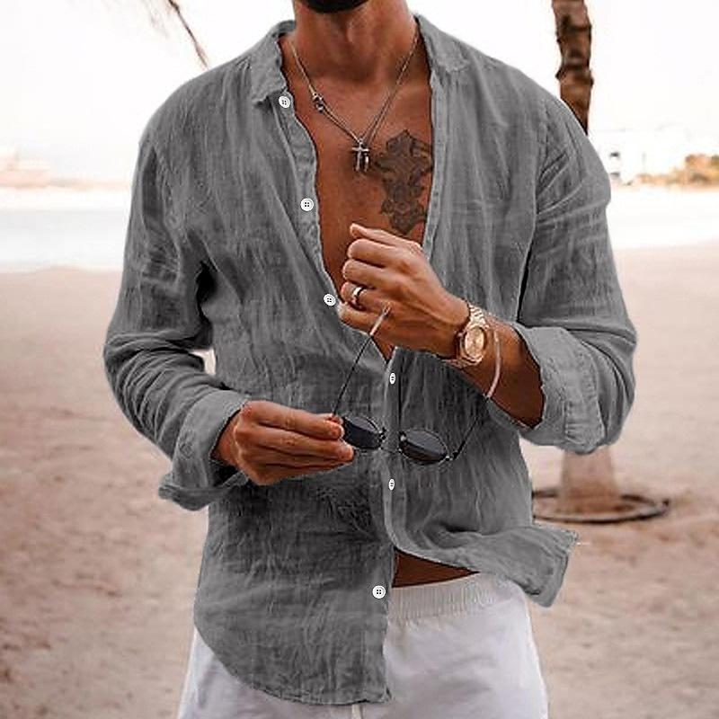 Daryon | Herenkatoenen linnen shirt met lange mouwen – casual effen kleur met knopen, ademend