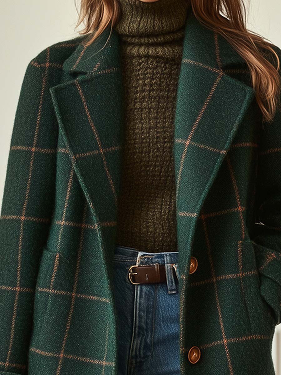 Derelle | Retro-Tweedjacke mit Karomuster und Revers – Vintage-Stil, lange Ärmel, klassisch elegant