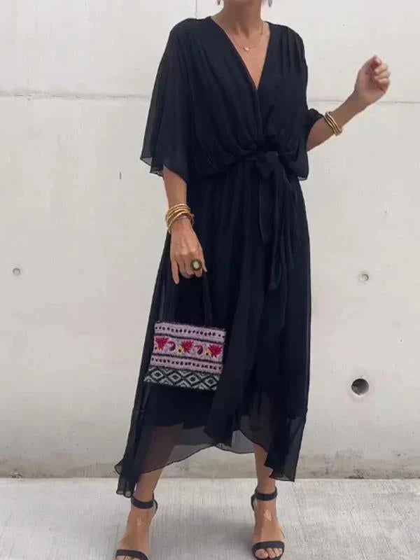 Emory | Chiffon Wikkeljurk voor Dames met V-hals – Lichtgewicht, Vloeiende Zomer Midi-jurk
