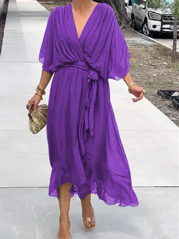 Emory | Chiffon Wikkeljurk voor Dames met V-hals – Lichtgewicht, Vloeiende Zomer Midi-jurk